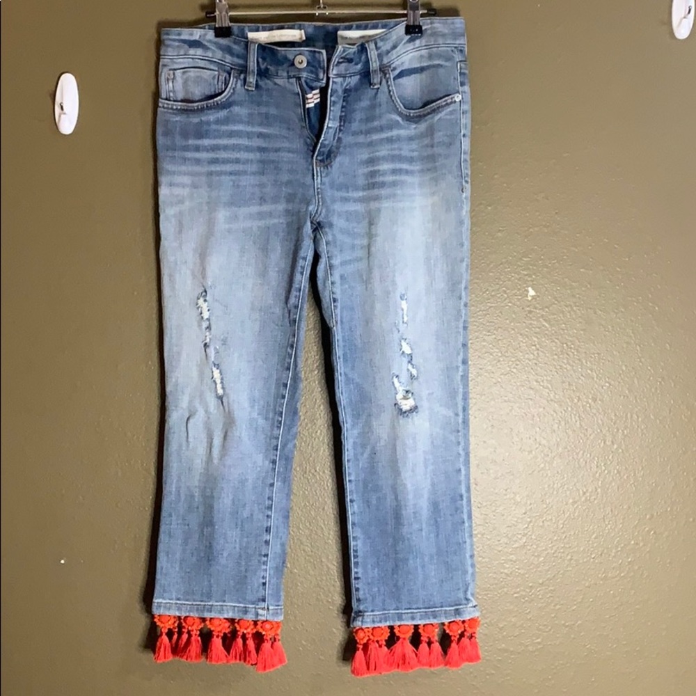 Size 27 petite cropped jeans with red fringe